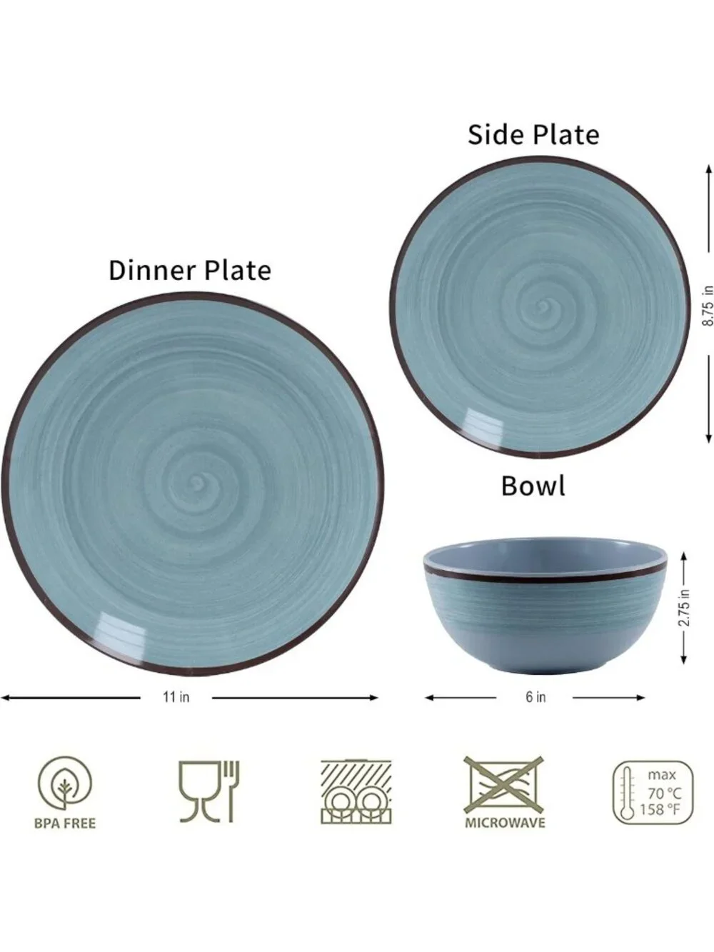 Stylish Mint Blue Melamine Dinnerware Set for 4 - 12 Pcs, Dishwasher Safe & BPA